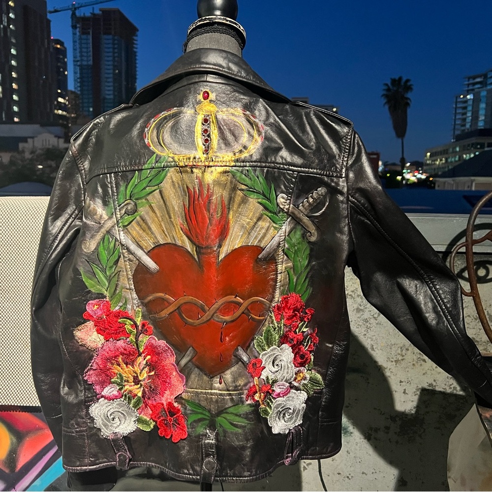Iconic Sacred Heart Painted Leather Jacket L - Picture 10 of 16